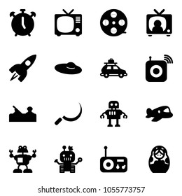 Solid vector icon set - alarm clock vector, tv, film coil, news, rocket, woman hat, car baggage, wireless speaker, jointer, sickle, robot, plane toy, radio, russian doll