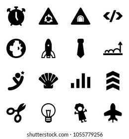 Solid vector icon set - alarm clock vector, round motion road sign, tunnel, tag code, globe, rocket, tie, growth, flying man, shell, chart, chevron, scissors, bulb, doll, toy plane