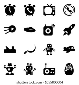 Solid vector icon set - alarm clock vector, phone, tv, horn, first satellite, woman hat, wireless speaker, rocket, jointer, sickle, robot, plane toy, radio, russian doll