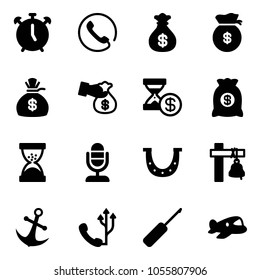 Solid vector icon set - alarm clock vector, phone, money bag, encashment, account history, sand, microphone, luck, ship bell, anchor, awl, plane toy