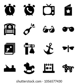 Solid vector icon set - alarm clock vector, phone, tv, star postcard, money chest, fizz opening, sunglasses, photo, ship bell, anchor, dragonfly, jointer, rocking horse, abacus, toy