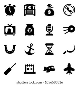 Solid vector icon set - alarm clock vector, money chest, bag, phone horn, tv news, microphone, first satellite, luck, anchor, sand, sickle, awl, abacus, plane toy