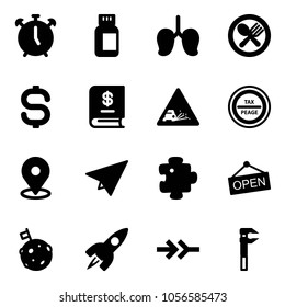 Solid vector icon set - alarm clock vector, pills bottle, lungs, fork spoon plate, dollar sign, annual report, gravel road, tax peage, map pin, paper plane, puzzle, open, moon flag, rocket, connect