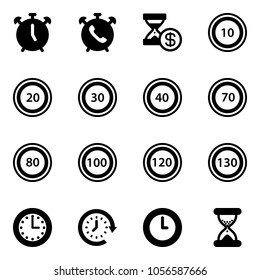Solid vector icon set - alarm clock vector, phone, account history, speed limit 10 road sign, 20, 30, 40, 70, 80, 100, 120, 130, time, around, sand