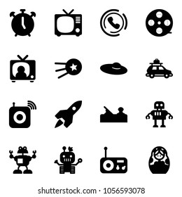 Solid vector icon set - alarm clock vector, tv, phone horn, film coil, news, first satellite, woman hat, car baggage, wireless speaker, rocket, jointer, robot, radio, russian doll