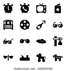 Solid vector icon set - alarm clock vector, phone, tv, star postcard, money chest, film coil, fizz opening, sunglasses, woman hat, ship bell, dragonfly, jointer, wheel horse, toy