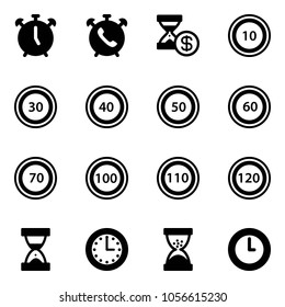 Solid vector icon set - alarm clock vector, phone, account history, speed limit 10 road sign, 30, 40, 50, 60, 70, 100, 110, 120, sand, time