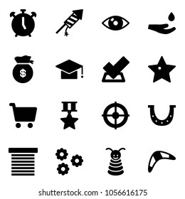 Solid vector icon set - alarm clock vector, firework rocket, eye, drop hand, money bag, graduate hat, check, star, cart, medal, target, luck, jalousie, flower, pyramid toy, boomerang