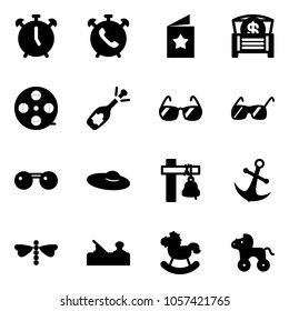 Solid vector icon set - alarm clock vector, phone, star postcard, money chest, film coil, fizz opening, sunglasses, woman hat, ship bell, anchor, dragonfly, jointer, rocking horse, wheel