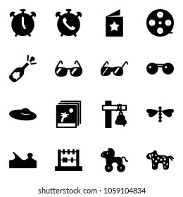 Solid vector icon set - alarm clock vector, phone, star postcard, film coil, fizz opening, sunglasses, woman hat, photo, ship bell, dragonfly, jointer, abacus, wheel horse, toy