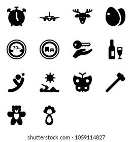 Solid vector icon set - alarm clock vector, plane, christmas deer, eggs, limited distance road sign, no truck overtake, key hand, wine, flying man, reading, butterfly, sledgehammer, bear toy