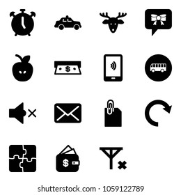 Solid vector icon set - alarm clock vector, safety car, christmas deer, bow message, apple, cash, mobile payment, bus road sign, volume off, mail, attachment, redo, puzzle, finance management