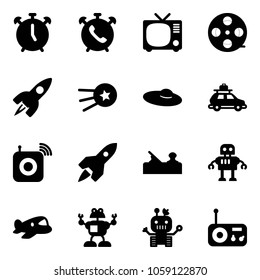 Solid vector icon set - alarm clock vector, phone, tv, film coil, rocket, first satellite, woman hat, car baggage, wireless speaker, jointer, robot, plane toy, radio