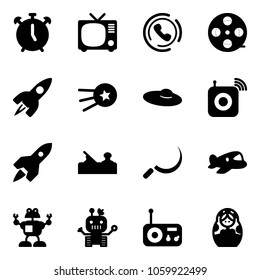 Solid vector icon set - alarm clock vector, tv, phone horn, film coil, rocket, first satellite, woman hat, wireless speaker, jointer, sickle, plane toy, robot, radio, russian doll