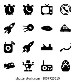 Solid vector icon set - alarm clock vector, phone, tv, horn, rocket, first satellite, woman hat, car baggage, wireless speaker, jointer, sickle, plane toy, robot, radio, russian doll