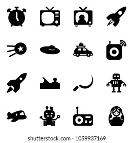 Solid vector icon set - alarm clock vector, tv, news, rocket, first satellite, woman hat, car baggage, wireless speaker, jointer, sickle, robot, plane toy, radio, russian doll