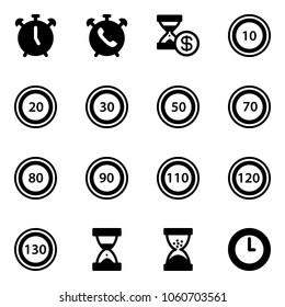 Solid vector icon set - alarm clock vector, phone, account history, speed limit 10 road sign, 20, 30, 50, 70, 80, 90, 110, 120, 130, sand