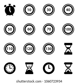 Solid vector icon set - alarm clock vector, speed limit 10 road sign, 30, 40, 50, 60, 70, 100, 110, 120, 130, sand, time