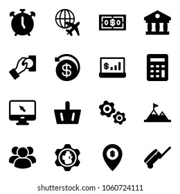 Solid vector icon set - alarm clock vector, plane globe, dollar, bank, cash pay, money back, account statistics, calculator, monitor cursor, basket, gears, attainment, group, gear, atm map pin