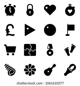 Solid vector icon set - alarm clock vector, lock, heart, stopwatch, pound, play, record, flag, cart, puzzle, star medal, feet, shell, flower, guitar, beanbag