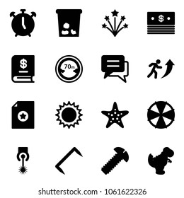 Solid vector icon set - alarm clock vector, trash, firework, dollar, annual report, limited distance road sign, chat, career, certificate, sun, starfish, parasol, laser, staple, screw, dinosaur toy