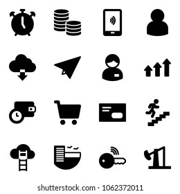 Solid vector icon set - alarm clock vector, coin, mobile payment, user, download cloud, paper plane, manager, arrows up, wallet time, cart, envelope, career, ladder, hotel, wireless key, oil derrick