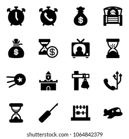 Solid vector icon set - alarm clock vector, phone, money bag, chest, account history, tv news, sand, first satellite, fort, ship bell, awl, abacus, plane toy