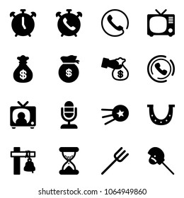 Solid vector icon set - alarm clock vector, phone, tv, money bag, encashment, horn, news, microphone, first satellite, luck, ship bell, sand, farm fork, horse stick toy