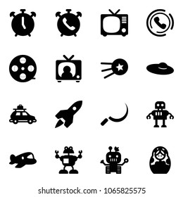 Solid vector icon set - alarm clock vector, phone, tv, horn, film coil, news, first satellite, woman hat, car baggage, rocket, sickle, robot, plane toy, russian doll