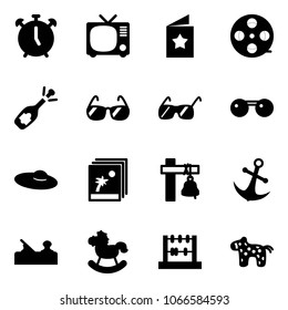 Solid vector icon set - alarm clock vector, tv, star postcard, film coil, fizz opening, sunglasses, woman hat, photo, ship bell, anchor, jointer, rocking horse, abacus, toy