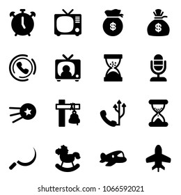 Solid vector icon set - alarm clock vector, tv, money bag, phone horn, news, sand, microphone, first satellite, ship bell, sickle, rocking horse, plane toy