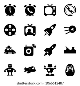 Solid vector icon set - alarm clock vector, phone, tv, horn, film coil, news, rocket, first satellite, car baggage, wireless speaker, jointer, robot, plane toy, russian doll