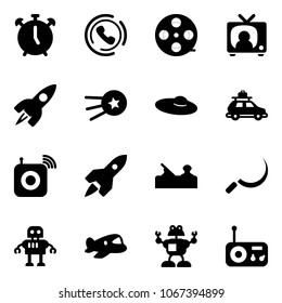 Solid vector icon set - alarm clock vector, phone horn, film coil, tv news, rocket, first satellite, woman hat, car baggage, wireless speaker, jointer, sickle, robot, plane toy, radio