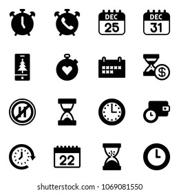 Solid vector icon set - alarm clock vector, phone, 25 dec calendar, 31, christmas mobile, stopwatch heart, schedule, account history, no parking even road sign, sand, time, wallet, around