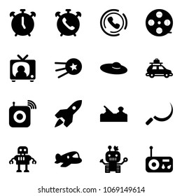 Solid vector icon set - alarm clock vector, phone, horn, film coil, tv news, first satellite, woman hat, car baggage, wireless speaker, rocket, jointer, sickle, robot, plane toy, radio