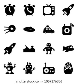 Solid vector icon set - alarm clock vector, phone, tv, rocket, first satellite, woman hat, car baggage, wireless speaker, jointer, robot, plane toy, radio, russian doll