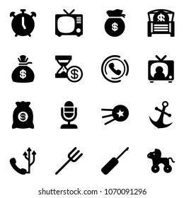 Solid vector icon set - alarm clock vector, tv, money bag, chest, account history, phone horn, news, microphone, first satellite, anchor, farm fork, awl, wheel horse
