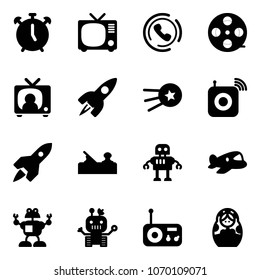 Solid vector icon set - alarm clock vector, tv, phone horn, film coil, news, rocket, first satellite, wireless speaker, jointer, robot, plane toy, radio, russian doll