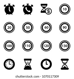 Solid vector icon set - alarm clock vector, phone, account history, speed limit 10 road sign, 20, 50, 60, 90, 100, 110, 120, 130, time, sand