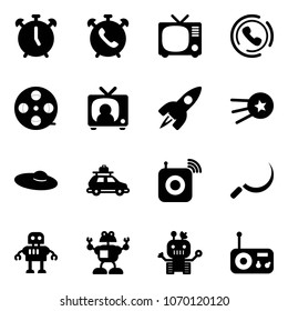 Solid vector icon set - alarm clock vector, phone, tv, horn, film coil, news, rocket, first satellite, woman hat, car baggage, wireless speaker, sickle, robot, radio