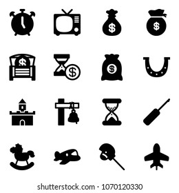Solid vector icon set - alarm clock vector, tv, money bag, chest, account history, luck, sand fort, ship bell, awl, rocking horse, plane toy, stick