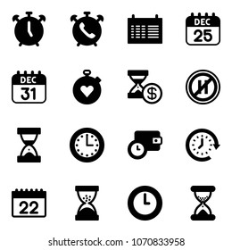 Solid vector icon set - alarm clock vector, phone, schedule, 25 dec calendar, 31, stopwatch heart, account history, no parking even road sign, sand, time, wallet, around
