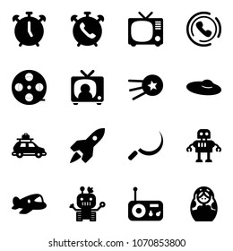 Solid vector icon set - alarm clock vector, phone, tv, horn, film coil, news, first satellite, woman hat, car baggage, rocket, sickle, robot, plane toy, radio, russian doll