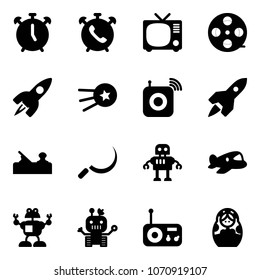 Solid vector icon set - alarm clock vector, phone, tv, film coil, rocket, first satellite, wireless speaker, jointer, sickle, robot, plane toy, radio, russian doll