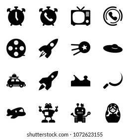Solid vector icon set - alarm clock vector, phone, tv, horn, film coil, rocket, first satellite, woman hat, car baggage, jointer, sickle, plane toy, robot, russian doll