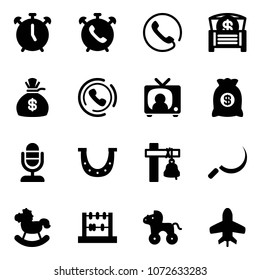 Solid vector icon set - alarm clock vector, phone, money chest, bag, horn, tv news, microphone, luck, ship bell, sickle, rocking horse, abacus, wheel, toy plane