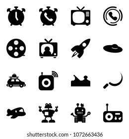 Solid vector icon set - alarm clock vector, phone, tv, horn, film coil, news, rocket, woman hat, car baggage, wireless speaker, jointer, sickle, plane toy, robot, radio