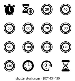 Solid vector icon set - alarm clock vector, account history, speed limit 20 road sign, 40, 50, 60, 70, 80, 90, 100, 110, 120, 130, time, around, sand