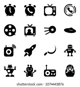Solid vector icon set - alarm clock vector, phone, tv, horn, film coil, news, first satellite, woman hat, wireless speaker, rocket, sickle, robot, radio, russian doll
