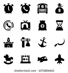 Solid vector icon set - alarm clock vector, phone, money chest, bag, horn, tv news, sand, fort, ship bell, anchor, sickle, rocking horse, abacus, plane toy